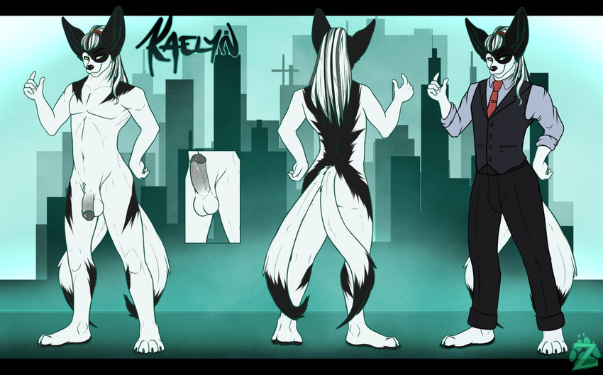 abstract_background anthro backsack balls big_ears black_and_white_fur black_and_white_hair black_fur black_penis canine city close-up clothed clothing erection fennec fox front_view fur green_eyes hair hybrid kaelyn_idow long_hair looking_at_viewer male mammal marble_fox model_sheet multi_tail necktie nude pants penis plantigrade shirt solo the_evil_within tied_hair vest white_fur zead