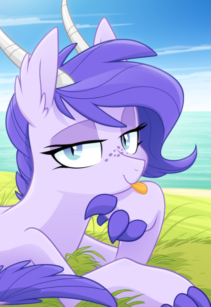 2016 crystal_clarity equestria-prevails equine fan_character female feral freckles grass half-closed_eyes hi_res horn hybrid looking_at_viewer mammal my_little_pony outside smile solo tongue tongue_out unicorn