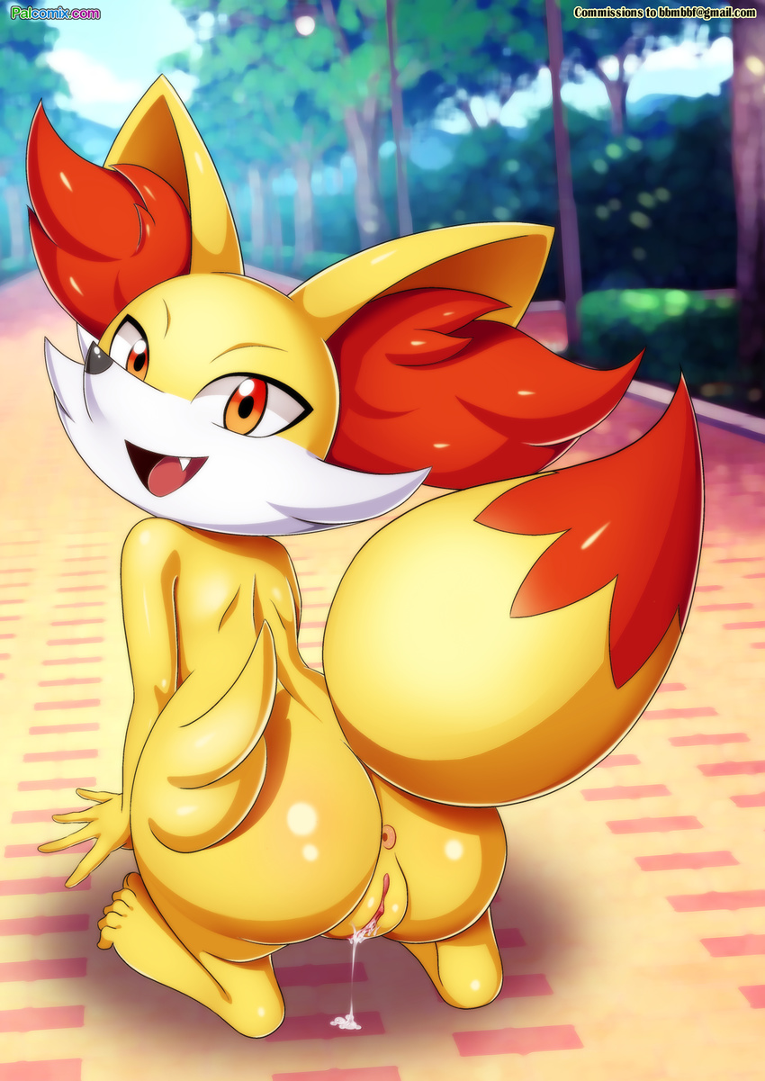 anus bbmbbf butt canine cum cum_string digital_media_(artwork) exhibitionism fangs female fennekin fox grin hi_res horny inviting mammal nintendo palcomix plump_labia pok&eacute;mon pokepornlive public pussy pussy_juice raised_tail road solo tree video_games young