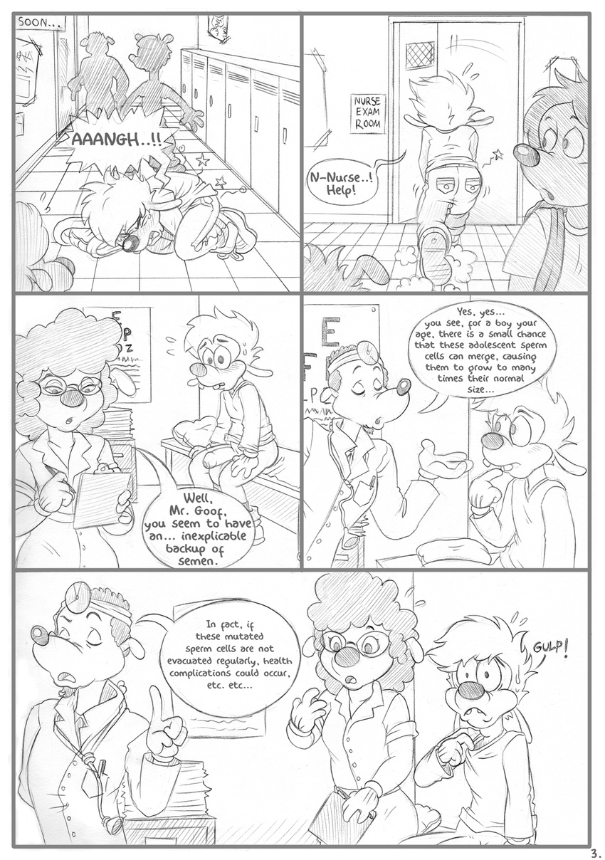 balls bottomless brainsister canine clothed clothing comic dialogue disney english_text eyewear female glasses goof_troop greyscale group hi_res humanoid_penis male mammal max_goof monochrome monocjrome pain pants_down partially_clothed pencil_(artwork) penis school sitting text traditional_media_(artwork) uhoh uncut uniform worried