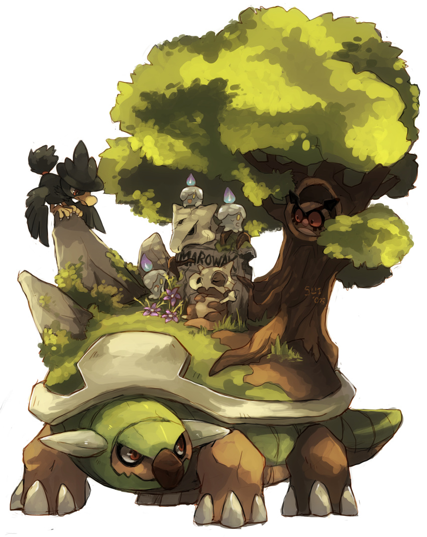 cubone gravestone group hi_res hoothoot litwick murkrow nintendo plant pok&eacute;mon skull suikuzu torterra tree video_games