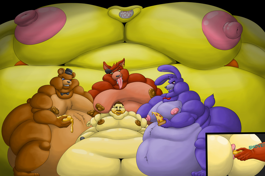 absurd_res avian bear bird bonnie_(fnaf) breasts canine chica_(fnaf) chicken female five_nights_at_chica's five_nights_at_freddy's food force_feed fox foxy_(fnaf) freddy_(fnaf) group hi_res human hyper lagomorph male mammal moobs nipples obese overweight pizza pucker rabbit stuffing video_games wolfgerlion64