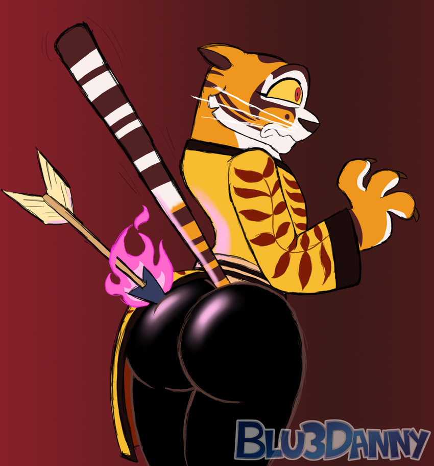2016 arrow big_butt blu3danny bubble_butt butt chinese_clothing chinese_dress claws clothing dress feline female fire hi_res kung_fu_panda mammal master_tigress rear_view red_eyes simple_background solo stripes surprise tiger tight_clothing whiskers yellow_sclera