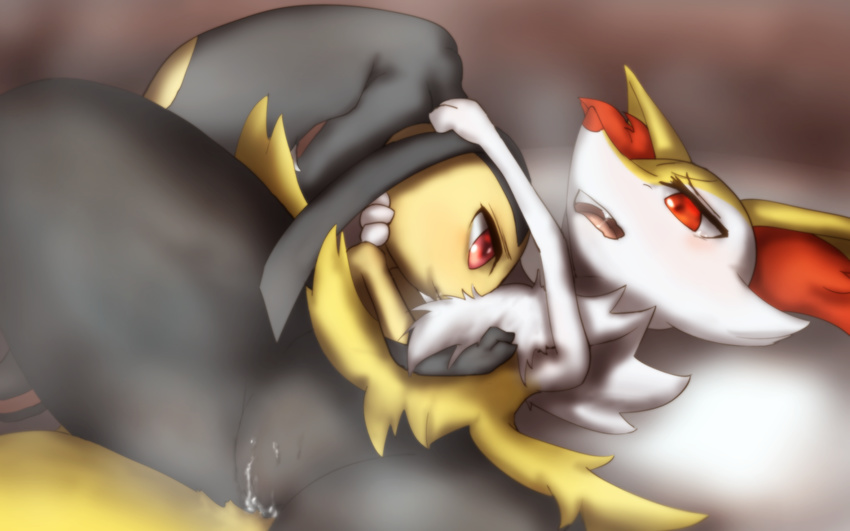 16:10 ambiguous_gender anthro braixen canine digital_media_(artwork) duo female female/ambiguous fox fur half-closed_eyes mammal mawile multicolored_fur nintendo ohakotome open_mouth pok&eacute;mon pussy pussy_juice red_eyes red_fur red_nose two_tone_fur video_games white_fur yellow_fur