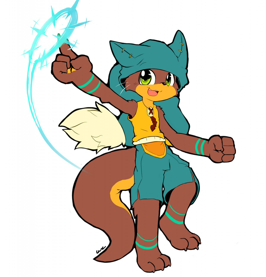 action_pose anthro clothing cute_fangs fist flat_colors front_view hi_res magic male mammal mustelid open_mouth otter pointing shorts signature solo wakfu whiteleo yugo zake