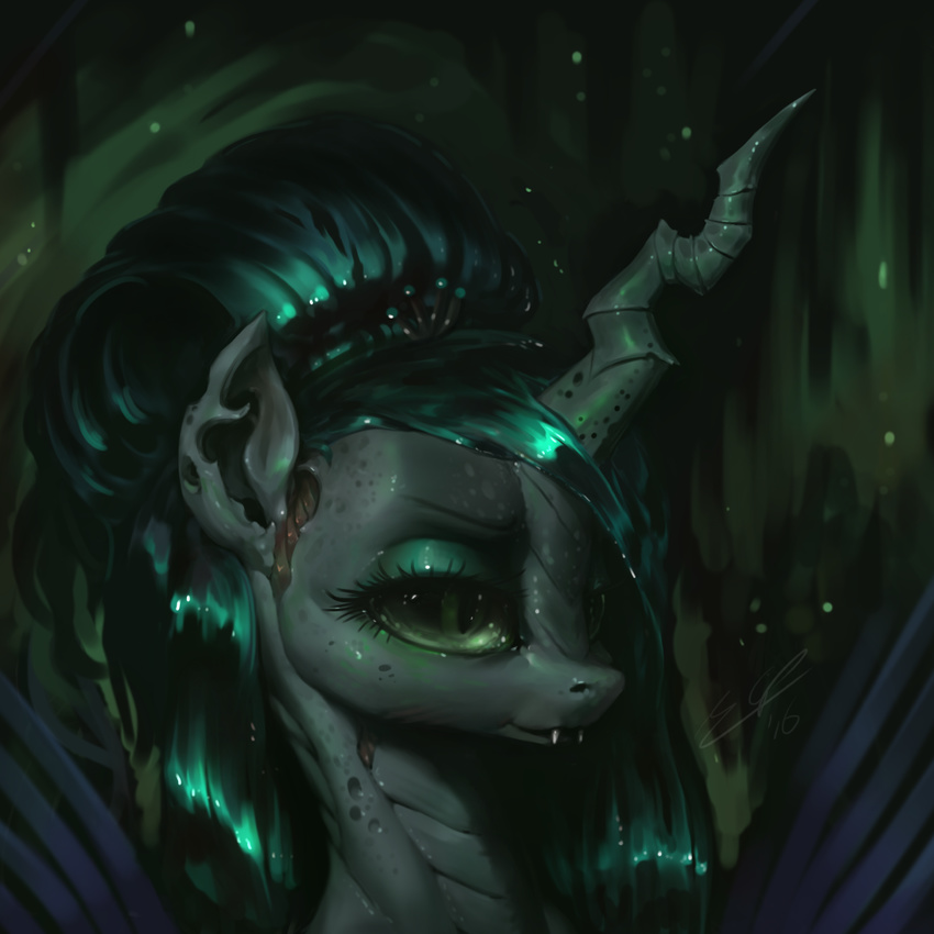 2016 abstract_background assasinmonkey changeling crown fangs female feral friendship_is_magic green_eyes green_hair hair horn looking_at_viewer my_little_pony portrait queen_chrysalis_(mlp) solo