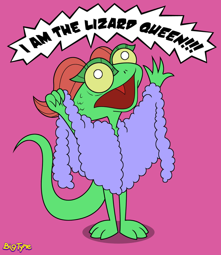 anthro bigtyme chameleon dialogue dreamworks english_text female green_scales hair hi_res lizard lizzie open_mouth parody pink_background red_hair reptile scales scalie signature simple_background solo speech_bubble text the_simpsons towel yelling yellow_eyes