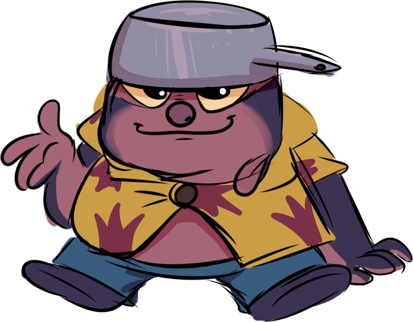 2018 4_fingers alien clothed clothing colored_sketch digital_drawing_(artwork) digital_media_(artwork) disney hawaiian_shirt hi_res jumba_jookiba kweltikwan lancesydney lilo_and_stitch overweight pan purple_skin shirt silly simple_background sitting smile solo white_background yellow_sclera