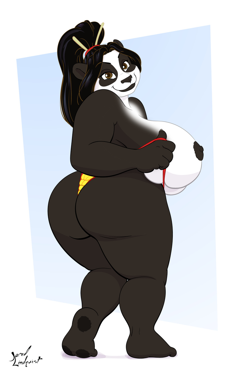 2016 absurd_res anthro armor barbarian bear big_breasts big_butt bikini black_eyes black_fur black_hair breasts butt claws clothed clothing digital_media_(artwork) eyebrows female fur hair hi_res huge_breasts huge_butt ikusame jklind looking_at_viewer mammal navel nipples obese overweight panda pandaren simple_background skimpy solo spreading swimsuit thick_thighs video_games warcraft white_sclera wide_hips