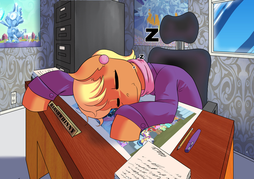 2016 absurd_res chair clothed clothing desk detailed_background dragon earth_pony equine eyes_closed female feral friendship_is_magic hi_res horn horse inside male mammal ms_harshwhinny_(mlp) my_little_pony office pencil_(object) pony poster shining_armor_(mlp) sleeping solo sound_effects spike_(mlp) text the-unicorn-lord unicorn work zzz