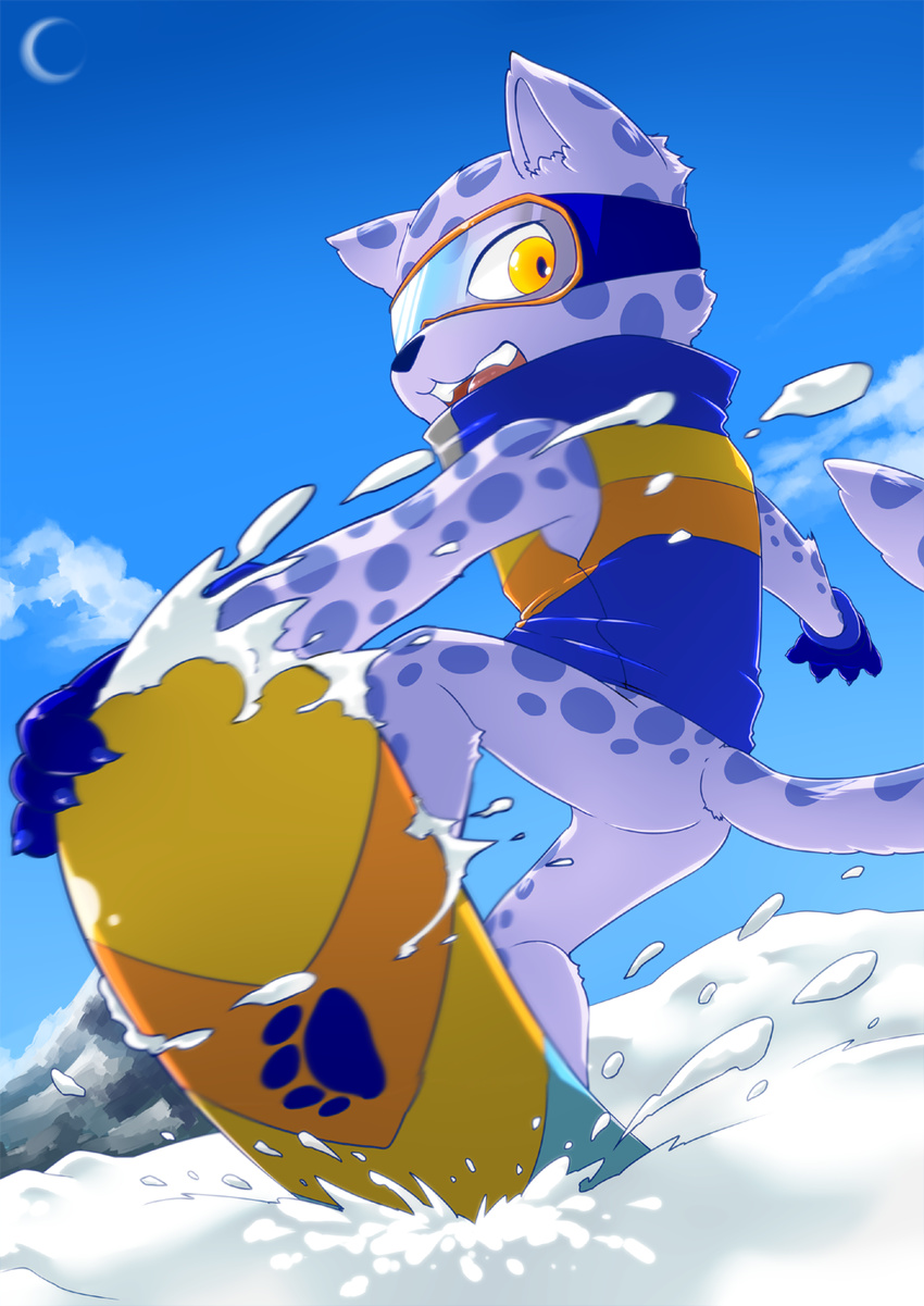 anthro blue_fur bottomless butt clothed clothing cloud coat day ehime_mikan eyewear feline fur goggles hi_res inner_ear_fluff leopard looking_at_viewer male mammal moon ollie open_mouth outside pop'n_music smile snow snow_leopard snowboard solo teeth tongue yellow_eyes