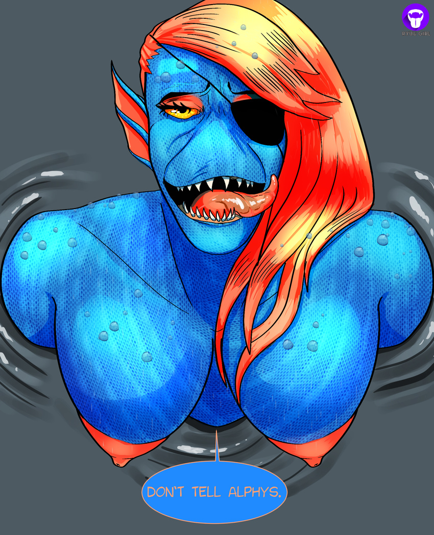 breasts creepy english_text eye_patch eyewear fish hi_res looking_at_viewer marine ryuu_girl solo suggestive teeth text tongue tongue_out undertale undyne video_games water what