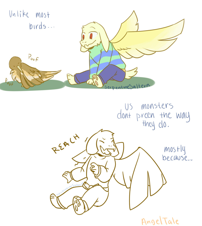 angeltale asriel_dreemurr avian beak bird boss_monster caprine clothed clothing comic duo english_text fangs feathers fur goat hi_res male mammal monster pants red_eyes serpentinesaltern shirt smile text undertale video_games white_fur wings