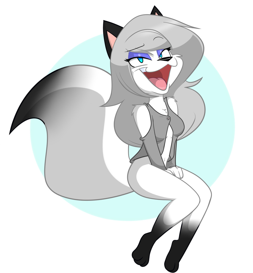 anthro arctic_fox big_smile blue_eyes bottomless canine clothed clothing eyeshadow female fox fur hair hi_res long_hair makeup mammal navel open_mouth silver_hair simple_background sitting solo white_fur