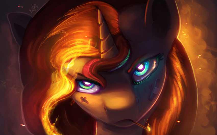 2016 band-aid bandage blue_eyes equestria_girls equine female fire glowing glowing_eyes hi_res horn laceration mammal match my_little_pony rain-gear scratch solo sunset_shimmer_(eg) unicorn