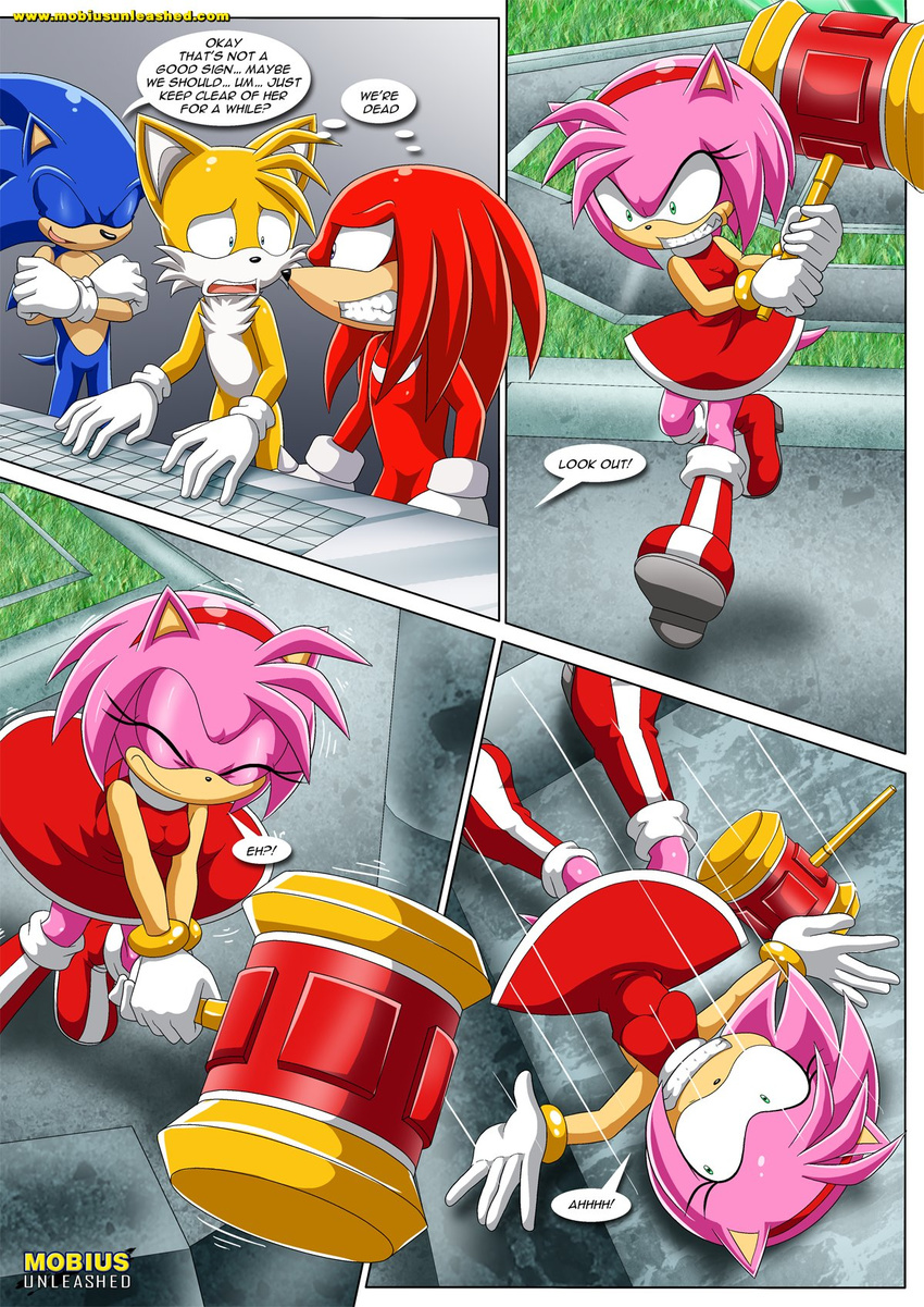 2016 amy_rose angry bbmbbf canine clothing dress echidna embarrassed falling female footwear fox grass group hairband hammer hedgehog hi_res humor keyboard knuckles_the_echidna male mammal miles_prower mobius_unleashed monotreme palcomix road shocked shoes smirk sonic_(series) sonic_the_hedgehog staircase tools trip uhoh