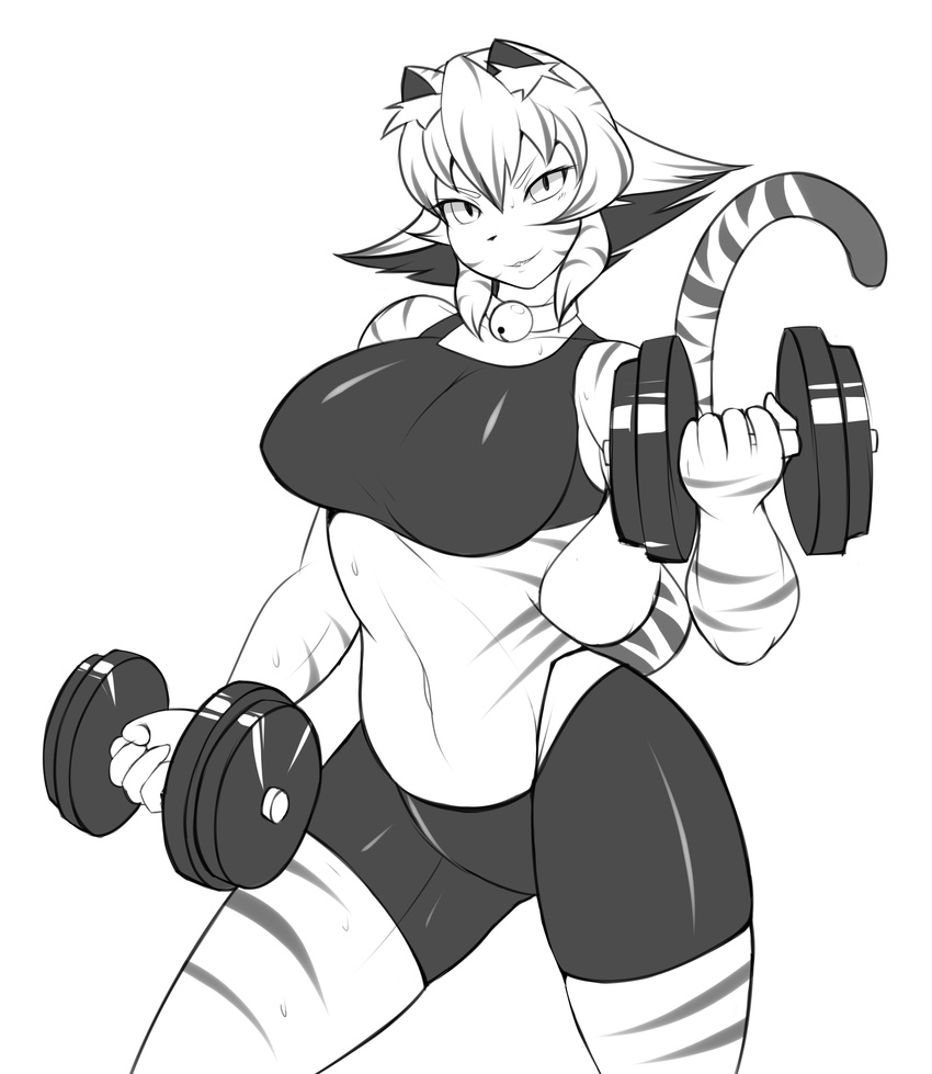 absurd_res anthro big_breasts bra breasts cleavage clothed clothing feline female fur hair hi_res huge_breasts japanese kemono mammal monochrome muscular muscular_female saffron_(safurantora) safurantora skimpy smile solo sports_bra sweat tiger tight_clothing underwear