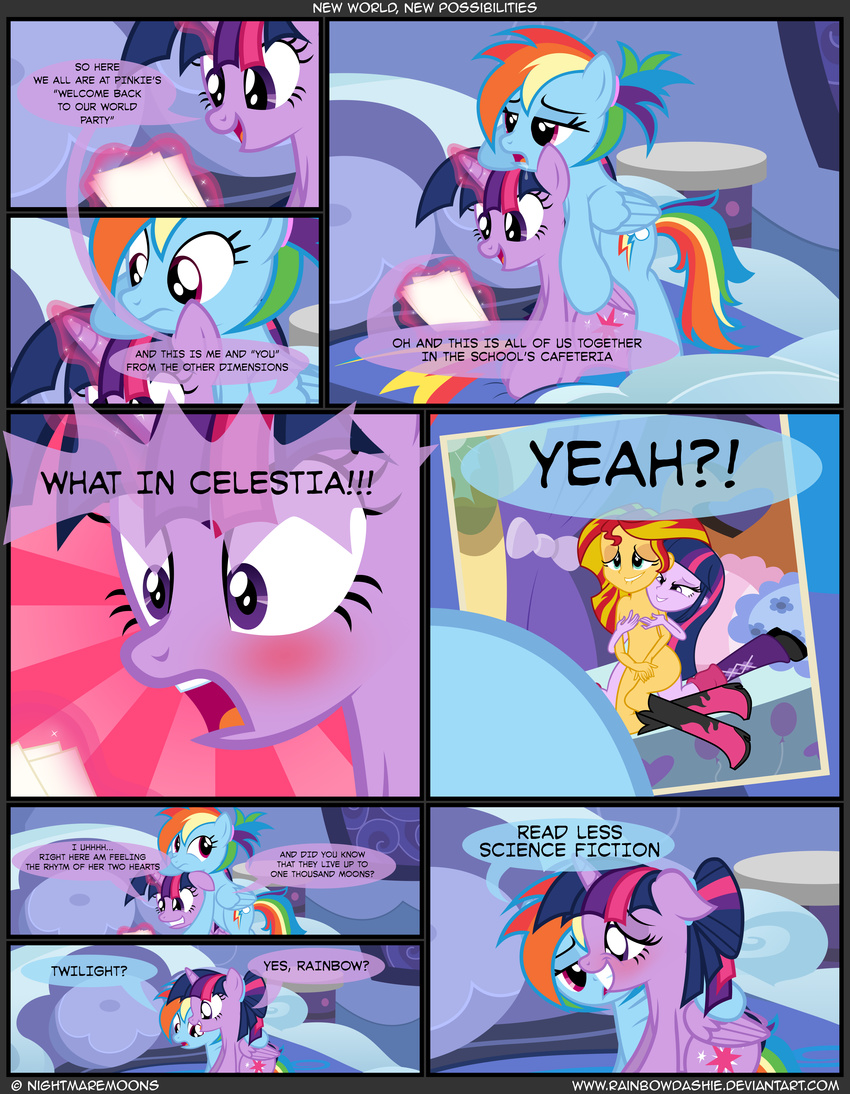 2015 absurd_res alternate_hairstyle bed blue_fur blush bow clothing comic cutie_mark dialogue duo english_text equestria_girls equine feathered_wings feathers female friendship_is_magic fur furniture hair hi_res horn human mammal multicolored_hair my_little_pony nightmaremoons pegasus photo pillow purple_eyes purple_feathers purple_fur rainbow_dash_(mlp) rainbow_hair red_eyes sunset_shimmer_(eg) text twilight_sparkle_(mlp) window winged_unicorn wings