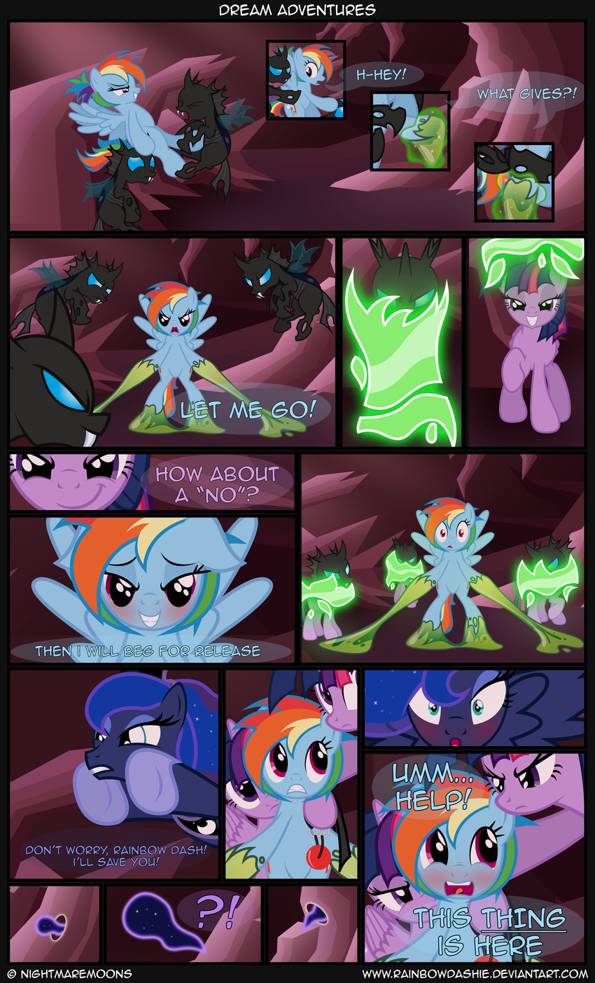 2015 absurd_res ball_gag bdsm blue_eyes blue_feathers blue_fur blue_hair blush bondage bound cave changeling comic cutie_mark dialogue drone english_text equine feathered_wings feathers female friendship_is_magic fur gag group hair hi_res horn inside magic mammal multicolored_hair my_little_pony nightmaremoons pegasus princess_luna_(mlp) purple_eyes purple_feathers purple_fur rainbow_dash_(mlp) rainbow_hair slime spread_wings tantabus text twilight_sparkle_(mlp) window winged_unicorn wings