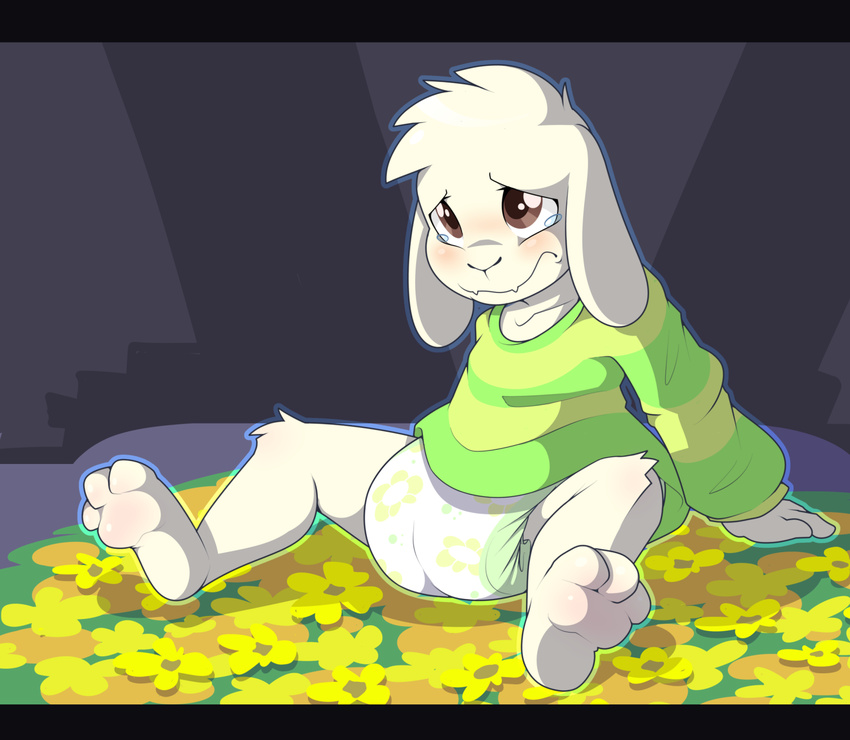 anthro asriel_dreemurr blush brown_eyes caprine clothing cub cuddlehooves diaper flower fur goat hi_res male mammal monster plant shirt solo tears undertale video_games white_fur young