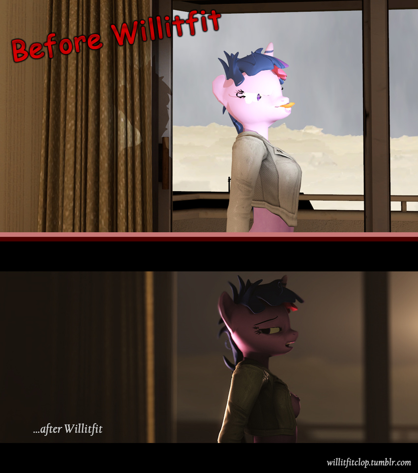 3d_(artwork) anthro before_and_after breasts cgi digital_media_(artwork) equine female friendship_is_magic hair hi_res horn horse hotel_room humor mammal my_little_pony pony teaser text twilight_sparkle_(mlp) unicorn willitfit