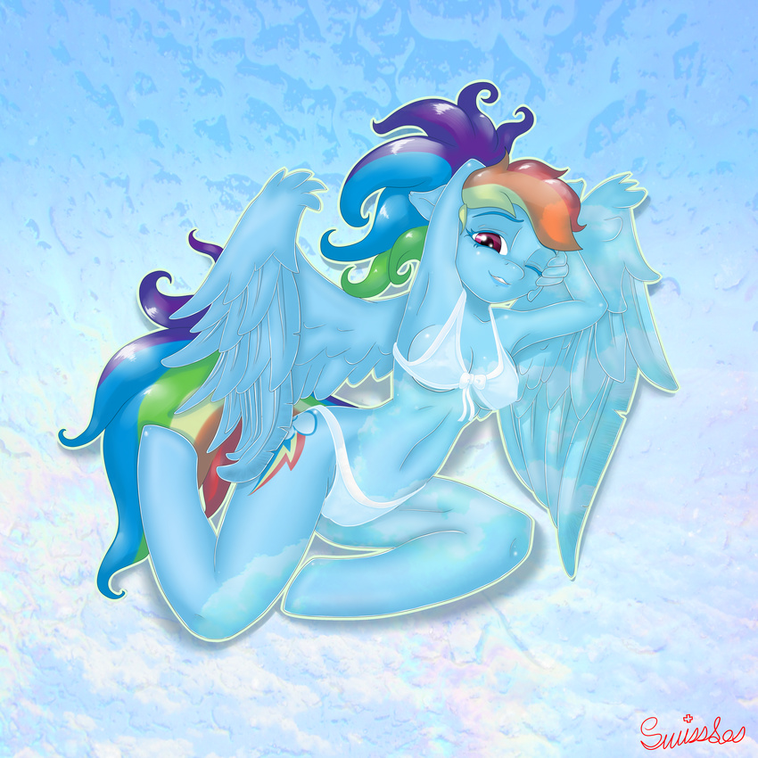 2013 absurd_res anthro anthrofied blue_feathers blue_fur bra breasts clothing cutie_mark equine feathers female friendship_is_magic fur hair hi_res mammal multicolored_hair my_little_pony one_eye_closed panties pegasus purple_eyes rainbow_dash_(mlp) rainbow_fur rainbow_hair solo swissleos underwear wings wink