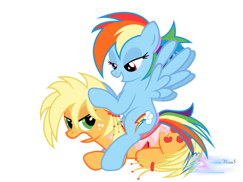 2013 absurd_res alpha_channel alternate_hairstyle angry applejack_(mlp) blonde_hair blue_feathers blue_fur cutie_mark duo earth_pony equine eye_contact feathered_wings feathers female feral friendship_is_magic fur green_eyes hair hi_res horse mammal multicolored_hair multicolored_tail my_little_pony nightmaremoons orange_fur pegasus pony purple_eyes rainbow_dash_(mlp) rainbow_hair rainbow_tail saddle simple_background smile spread_wings transparent_background wings