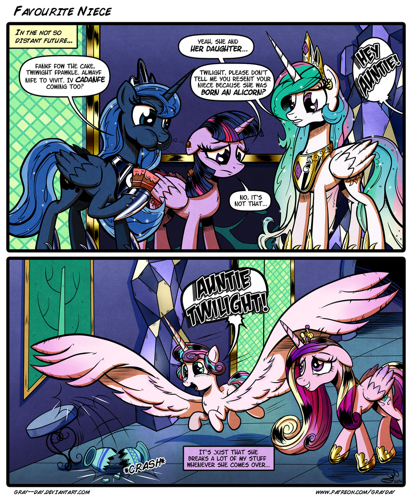 2016 absurd_res cake comic dialogue english_text equine female flurry_heart_(mlp) food friendship_is_magic gray--day group hi_res horn mammal my_little_pony princess_cadance_(mlp) princess_celestia_(mlp) princess_luna_(mlp) spoiler text twilight_sparkle_(mlp) vase winged_unicorn wings