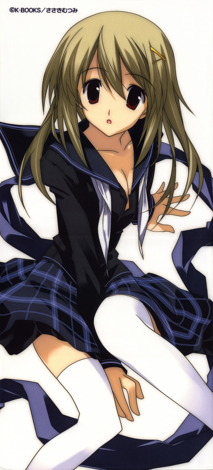 absurdres blonde_hair breasts cleavage copyright_request highres long_image medium_breasts plaid plaid_skirt red_eyes sasaki_mutsumi skirt solo stick_poster tall_image thighhighs white_legwear