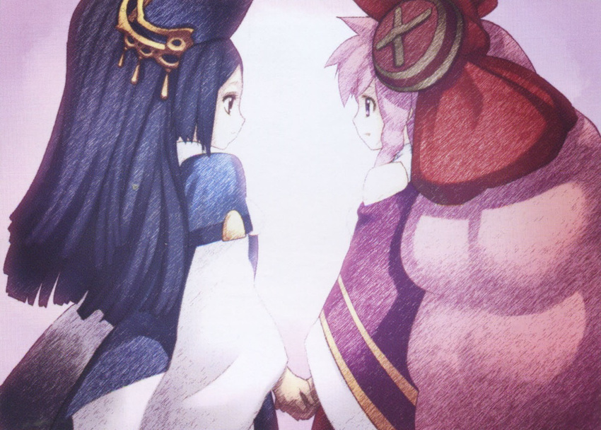 ar_tonelico ar_tonelico_ii blue_hair bow braid curly_hair hair_ornament hat holding_hands infel long_hair multiple_girls nagi_ryou nenesha official_art pink_hair purple_eyes scan spoilers very_long_hair