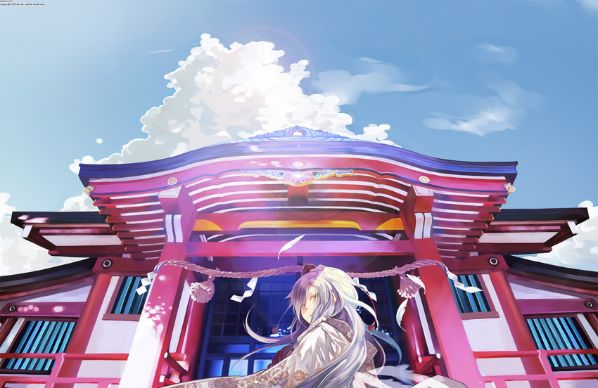 bad_id bad_pixiv_id cloud commentary_request day from_behind hat highres japanese_clothes kaninn lens_flare long_hair original rope shide shimenawa shrine sky solo tokin_hat white_hair yellow_eyes