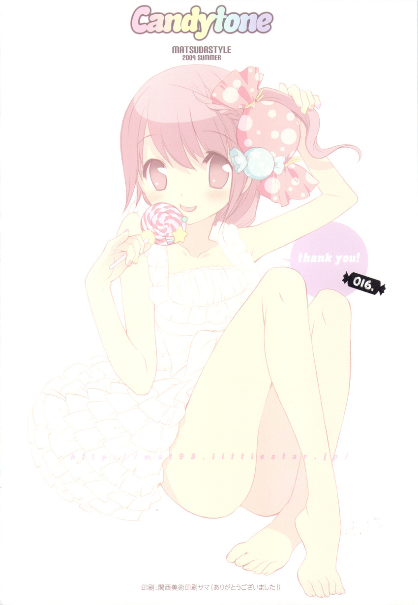 barefoot brown_eyes brown_hair candy copyright_request feet food food_themed_clothes highres lollipop matsuda98 short_hair solo swirl_lollipop