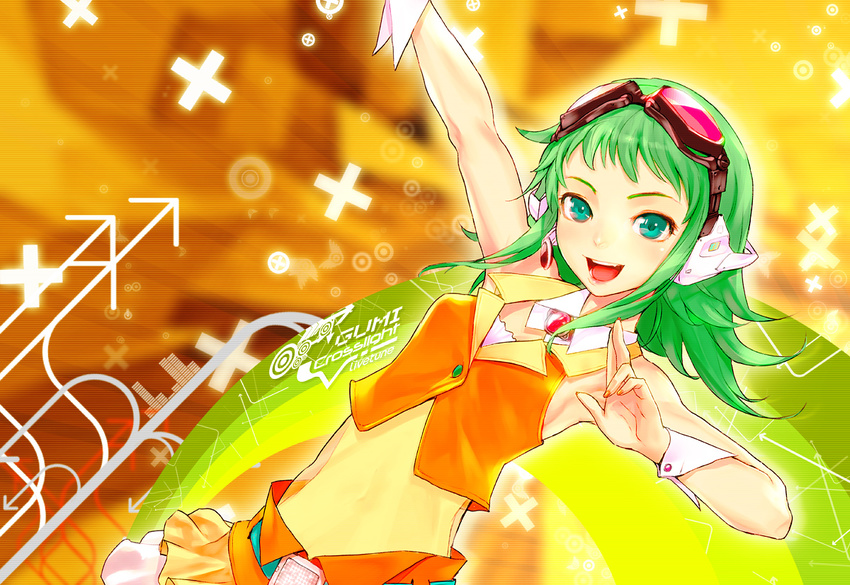 collar goggles green_eyes green_hair gumi headphones headset image_sample md5_mismatch midriff open_mouth pixiv_sample redjuice short_hair smile solo vocaloid wallpaper wing_collar wrist_cuffs