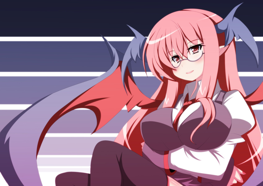 :d bat_wings bespectacled between_breasts black_legwear blush breast_hold breasts dress_shirt glasses head_wings highres impossible_clothes impossible_shirt koakuma large_breasts long_hair nail_polish necktie necktie_between_breasts oborotsuki_kakeru open_mouth pointy_ears red_eyes red_hair red_nails red_neckwear shirt skindentation skirt skirt_set smile solo touhou vest wings