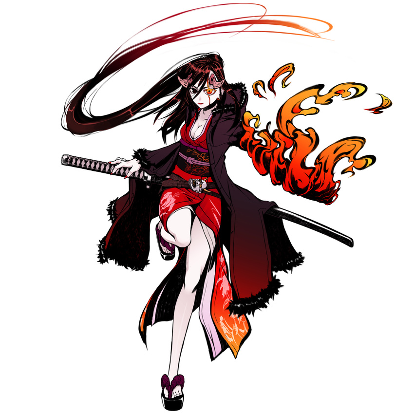 black_hair breasts cleavage coat fire fur_trim hamada_youho highres horns japanese_clothes katana large_breasts legs long_hair okobo original sandals sheath sheathed solo sword weapon whorled_flames