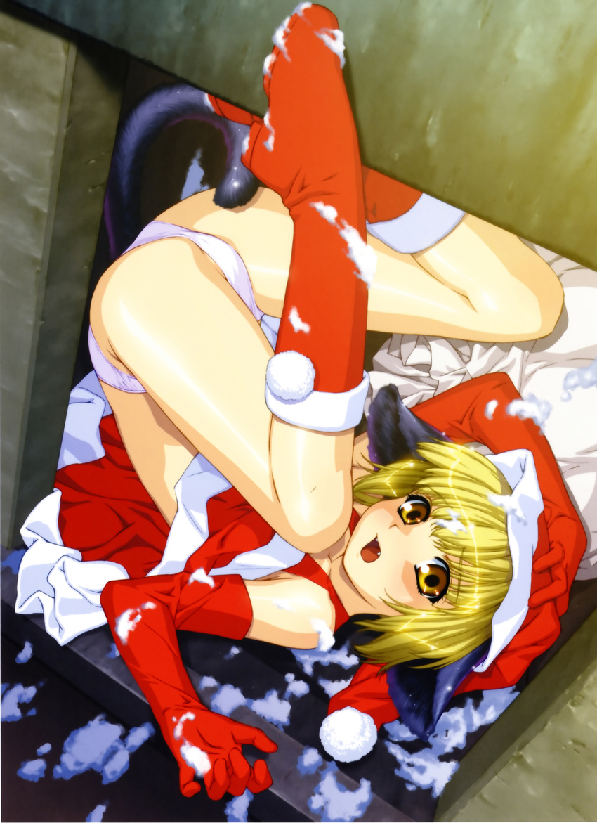 absurdres animal_ears blonde_hair cat_ears copyright_request elbow_gloves fangs gloves hat highres ino legs legs_over_head non-web_source panties santa_costume snow solo tail underwear yellow_eyes