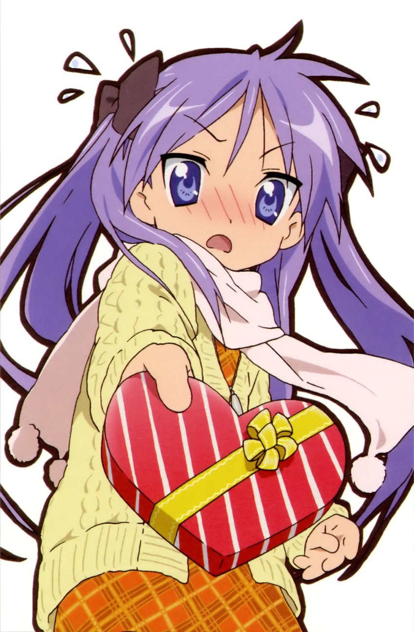 absurdres artist_request blush box coat gift heart heart-shaped_box highres hiiragi_kagami holding holding_gift incoming_gift long_hair looking_at_viewer lucky_star purple_eyes purple_hair ribbon scarf skirt solo twintails upper_body valentine