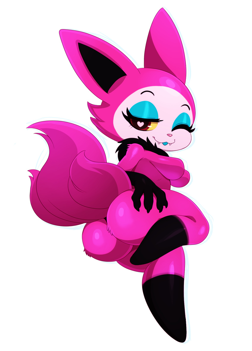 &lt;3 &lt;3_eyes 2016 3_tails breasts butt canine claws eyelashes eyeshadow fangs featureless_breasts female fox fur hi_res looking_at_viewer makeup mammal monster multi_tail multiple_tails neck_tuft one_eye_closed pink_fur pose simple_background solo sssonic2 telemonster tongue tongue_out tuft white_background wink yossi