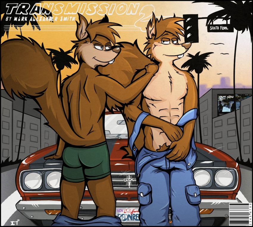 2013 abs anthro athletic avian bird blush brown_fur brown_nose buckteeth building bulge car city clothed clothing digital_media_(artwork) duo front_view fur implied_homosexuality kcee male mammal multicolored_fur muscular muscular_male outside pants_down partially_clothed pecs poster pubes rear_view reggie_(transmission) rodent russell_(transmission) sky smile squirrel standing sunset teeth topless traffic_light transmission tree two_tone_fur underwear undressing vehicle