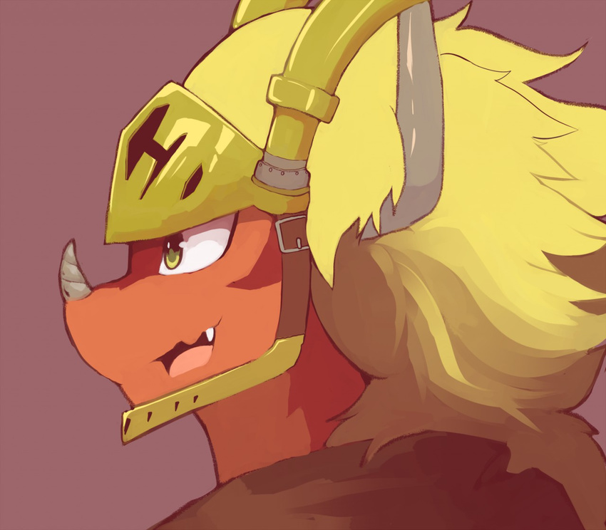 bust_portrait digital_media_(artwork) dragon drum_(buddyfight) drum_bunker_dragon future_card_buddyfight headgear horn male portrait scalie side_view smile solo warm_colors whiteleo