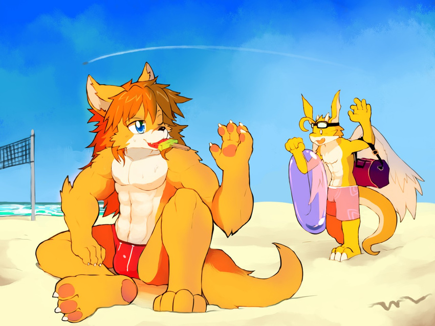 abs anthro athletic barefoot beach bulge canine clothed clothing duo food food_in_mouth front_view gym_bag inner_tube looking_back mammal one_eye_closed pecs popsicle red_savarin seaside signature sitting solatorobo swimming_trunks swimsuit thong topless video_games waving whiteleo