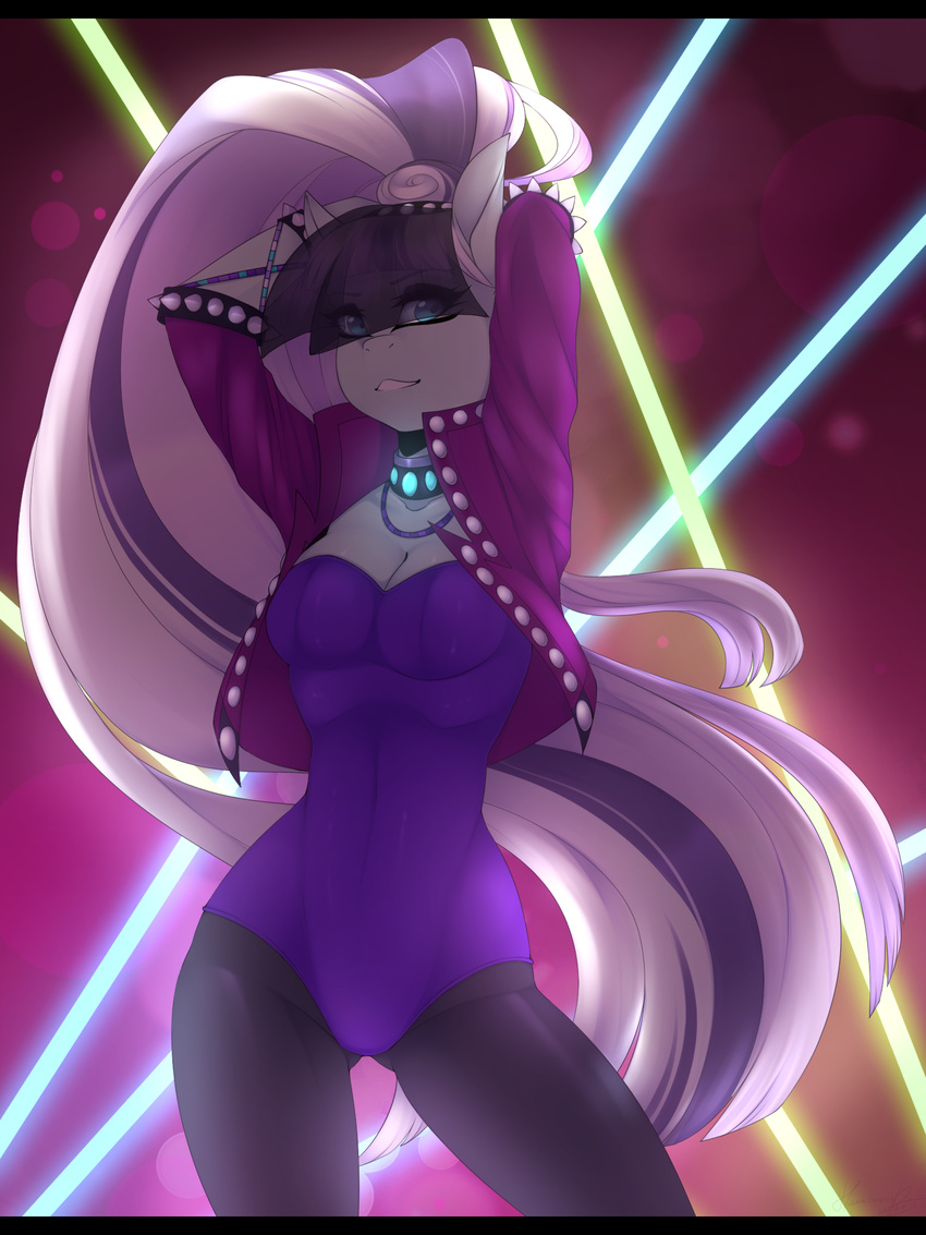 anthro anthrofied blue_eyes breasts clothing coloratura_(mlp) earth_pony equine female friendship_is_magic grey_body harmoniousrain hi_res horse legwear leotard makeup mammal my_little_pony neon_lights pony ponytail raised_arm seductive smile solo stockings veil