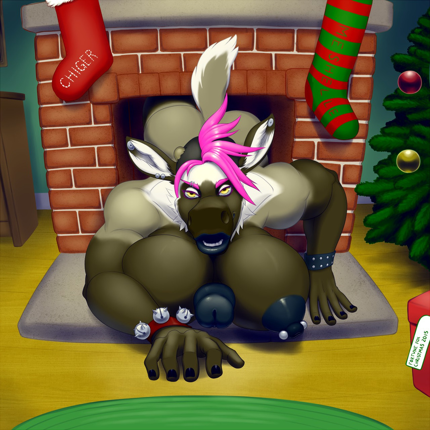 2015 anthro big_breasts bracelet breasts butt cervine christmas dickgirl ear_piercing erection fortunefox glans hair hi_res holidays honovi huge_breasts hyper hyper_breasts intersex jewelry looking_at_viewer mammal mohawk muscular muscular_intersex nipple_piercing nipples penis piercing pink_hair reindeer solo teeth yellow_eyes