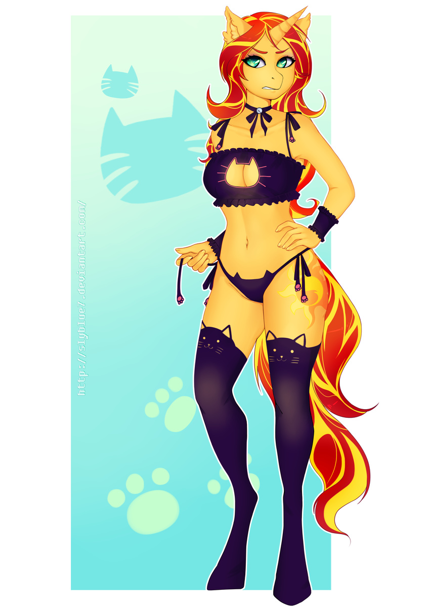 2016 absurd_res anthro bell blonde_hair bra breasts cat_lingerie cleavage clothed clothing cutie_mark equestria_girls equine female green_eyes hair hi_res hooves horn horse legwear long_hair looking_away mammal my_little_pony nails navel panties pony red_hair slyblue7 solo standing stockings sunset_shimmer_(eg) underwear unicorn yellow_skin