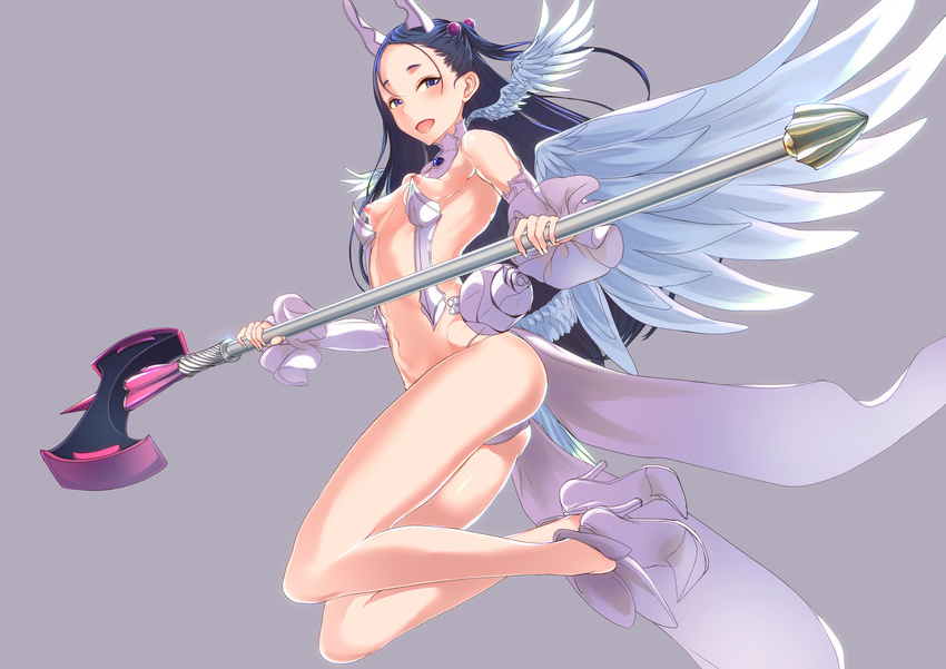 :d absurdres ass black_hair blue_eyes blue_hair blush breasts detached_sleeves full_body grey_background headgear high_heels highres holding holding_weapon long_hair long_legs mahou_shoujo_(raita) navel nipples nitta_yui one_side_up open_mouth q_(ed69) revealing_clothes simple_background small_breasts smile solo weapon wings