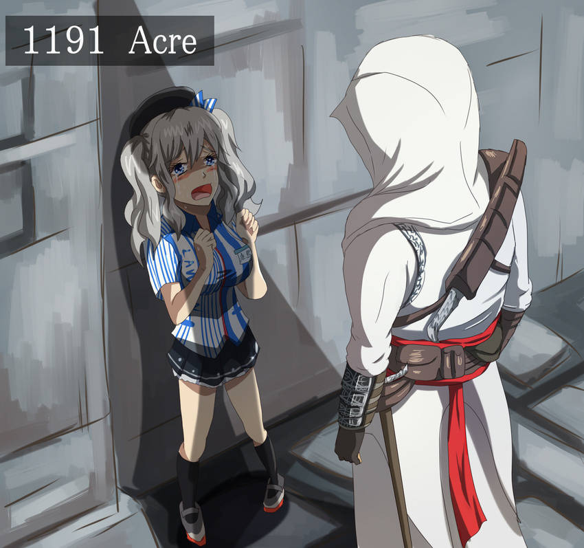 altair_ibn_la-ahad assassin's_creed assassin's_creed_(series) beret blue_eyes blush breasts clenched_hands commentary_request crossover crying crying_with_eyes_open employee_uniform hat highres hood kantai_collection kashima_(kantai_collection) knife lawson medium_breasts pitcairn_meusel pleated_skirt sidelocks silver_hair skirt tears twintails uniform wavy_hair weapon weapon_on_back