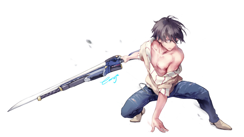 arm_support artist_name black_hair closers comet_(teamon) denim full_body highres holding holding_sword holding_weapon jeans looking_to_the_side male_focus nipples off_shoulder outstretched_hand pants ripped_jeans seha_lee signature simple_background solo squatting sword weapon white_background