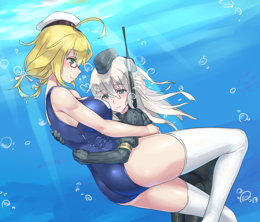 ass blonde_hair blue_eyes breast_press breast_smother breasts bubble cropped_jacket garrison_cap glasses hat heart hug i-8_(kantai_collection) kantai_collection large_breasts long_hair low_twintails military military_uniform mizuumi_(bb) multiple_girls one-piece_swimsuit puffy_sleeves revision school_swimsuit smile sunlight swimsuit thighhighs twintails u-511_(kantai_collection) underwater uniform white_legwear