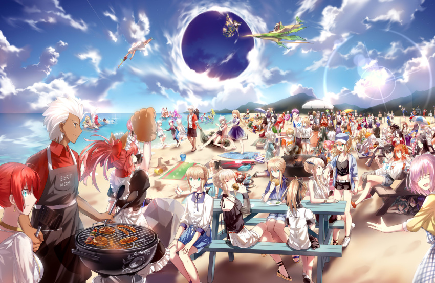 6+boys 6+girls absurdres ahoge alternate_costume amakusa_shirou_(fate) animal_ears anne_bonny_(fate/grand_order) apron archer artoria_pendragon_(all) artoria_pendragon_(lancer) artoria_pendragon_(lancer_alter) beach bedivere bikini black_dress black_gloves blanket blonde_hair blue_eyes boudica_(fate/grand_order) bow braid breasts caster_(fate/zero) character_request cloud cross dark_skin dark_skinned_male dragging dress edmond_dantes_(fate/grand_order) edward_teach_(fate/grand_order) fate/grand_order fate_(series) first_aid_kit flag florence_nightingale_(fate/grand_order) food fou_(fate/grand_order) fox_ears fox_tail francis_drake_(fate) frankenstein's_monster_(fate) fujimaru_ritsuka_(female) fujimaru_ritsuka_(male) gawain_(fate/extra) glasses gloves green-hat green_eyes grill grilling hair_between_eyes hair_bun hair_ornament hair_over_one_eye hair_ribbon hair_scrunchie hamburger hassan_of_serenity_(fate) hat hiding highres horns innertube jack_the_ripper_(fate/apocrypha) jeanne_d'arc_(alter)_(fate) jeanne_d'arc_(fate) jeanne_d'arc_(fate)_(all) jeanne_d'arc_alter_santa_lily jewelry kiyohime lancelot_(fate/grand_order) leonardo_da_vinci_(fate/grand_order) long_hair long_sleeves maid_dress maid_headdress mary_read_(fate/grand_order) mash_kyrielight meat minamoto_no_raikou_(fate/grand_order) mordred_(fate) mordred_(fate)_(all) multiple_boys multiple_girls multiple_persona mysterious_heroine_x necklace nursery_rhyme_(fate/extra) ocean oda_nobunaga_(fate) okita_souji_(fate) okita_souji_(fate)_(all) open_mouth orange_eyes orange_hair outdoors paw_gloves paws pink_hair pirate_hat plate pointing ponytail purple_eyes purple_hair raft red_hair red_ribbon ribbon romani_archaman saber saber_alter saber_lily sandals scrunchie shore short_hair shorts side_ponytail silver_hair sitting sky smile swimming swimsuit table tail tamamo_(fate)_(all) tamamo_cat_(fate) too_many trench_coat tristan_(fate/grand_order) twin_braids twintails user_hwvm7837 v very_long_hair water waving white_hair yellow_eyes
