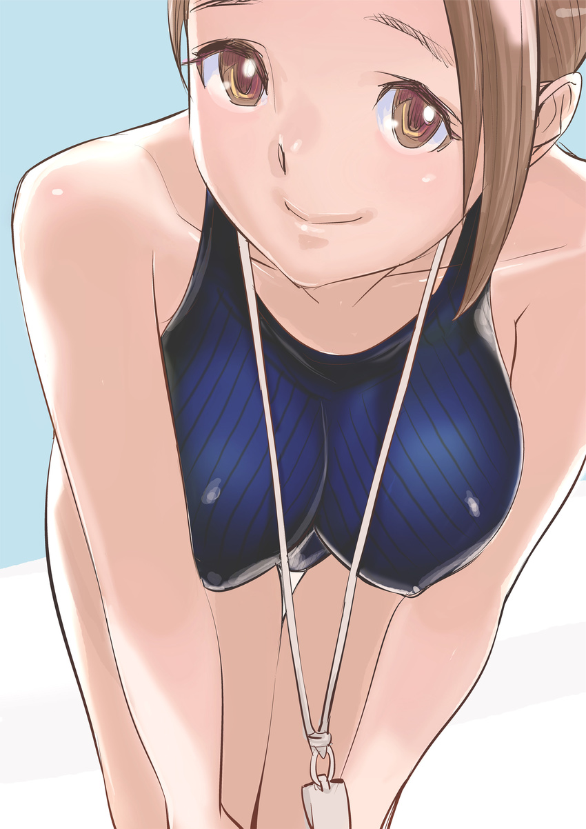 absurdres breasts brown_eyes brown_hair cleavage collarbone competition_swimsuit covered_nipples dytm highres large_breasts leaning_forward looking_at_viewer one-piece_swimsuit original pool_monitor_part-timer_(dytm) smile solo swimsuit thigh_gap whistle